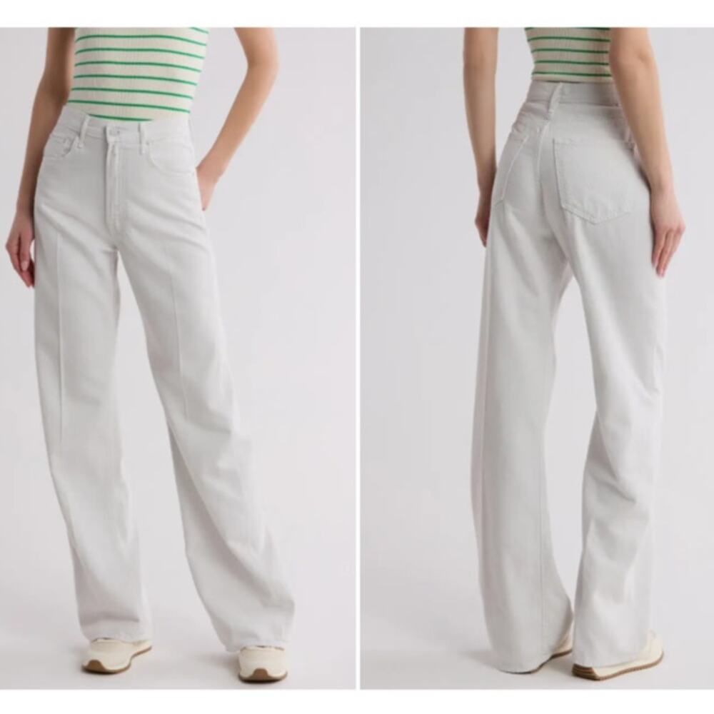 Mother The Lasso Jean in Whoops A Daisy Chalk Wide Leg Flare High Rise Pants